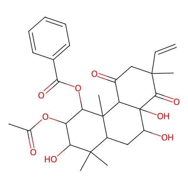 2D Structure of (3-Acetyloxy-7-ethenyl-2,8a,9-trihydroxy-1,1,4a,7-tetramethyl-5,8-dioxo-2,3,4,4b,6,9,10,10a-octahydrophenanthren-4-yl) benzoate 2D Structure of (3-Acetyloxy-7-ethenyl-2,8a,9-trihydroxy-1,1,4a,7-tetramethyl-5,8-dioxo-2,3,4,4b,6,9,10,10a-octahydrophenanthren-4-yl) benzoate
