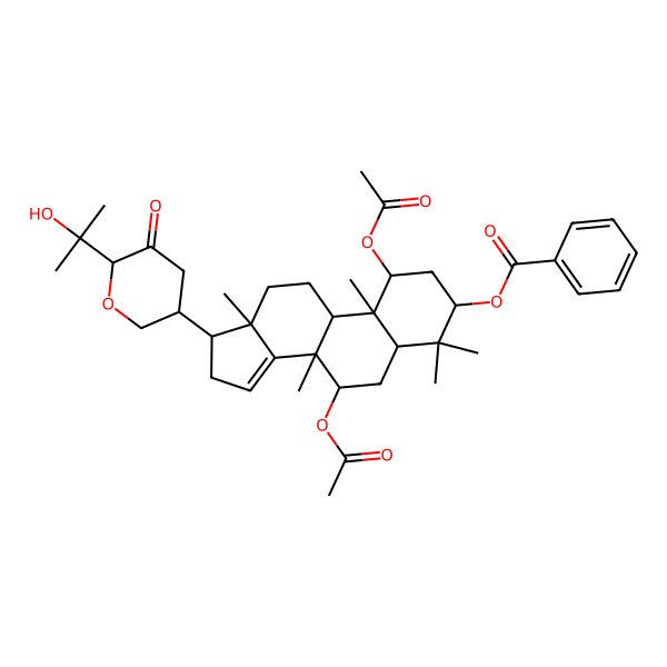 2D Structure of [(1S,3R,5S,7R,8R,9R,10S,13S,17S)-1,7-diacetyloxy-17-[(3S,6S)-6-(2-hydroxypropan-2-yl)-5-oxooxan-3-yl]-4,4,8,10,13-pentamethyl-2,3,5,6,7,9,11,12,16,17-decahydro-1H-cyclopenta[a]phenanthren-3-yl] benzoate