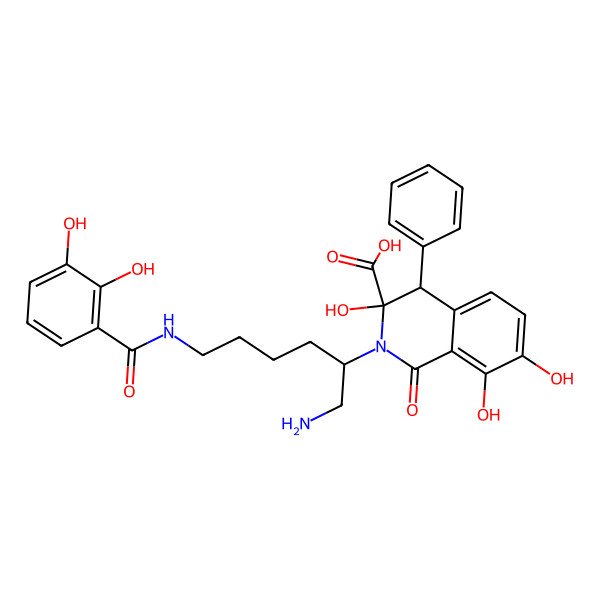 2D Structure of 2-[1-amino-6-[(2,3-dihydroxybenzoyl)amino]hexan-2-yl]-3,7,8-trihydroxy-1-oxo-4-phenyl-4H-isoquinoline-3-carboxylic acid