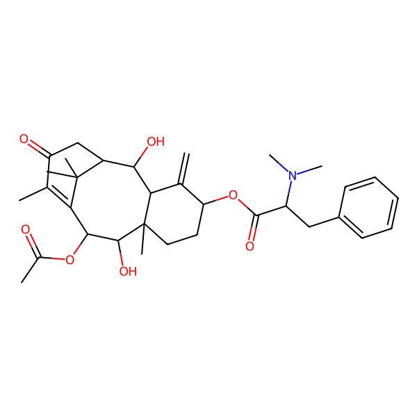 2D Structure of [(1R,2R,3R,5S,8R,9R,10R)-10-acetyloxy-2,9-dihydroxy-8,12,15,15-tetramethyl-4-methylidene-13-oxo-5-tricyclo[9.3.1.03,8]pentadec-11-enyl] 2-(dimethylamino)-3-phenylpropanoate