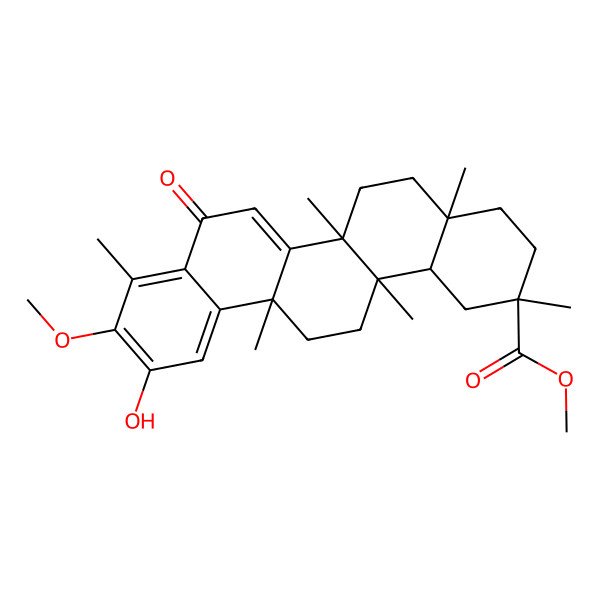 2D Structure of methyl (2R,4aS,6aR,6aS,14aS,14bR)-11-hydroxy-10-methoxy-2,4a,6a,6a,9,14a-hexamethyl-8-oxo-1,3,4,5,6,13,14,14b-octahydropicene-2-carboxylate