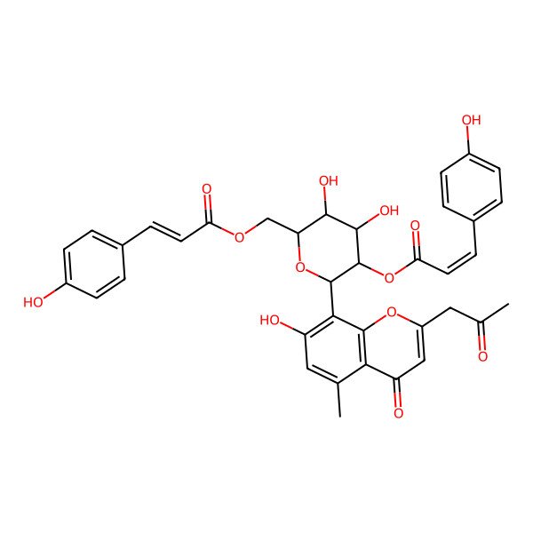 2D Structure of [(2R,3S,4S,5R,6S)-3,4-dihydroxy-6-[7-hydroxy-5-methyl-4-oxo-2-(2-oxopropyl)chromen-8-yl]-5-[(E)-3-(4-hydroxyphenyl)prop-2-enoyl]oxyoxan-2-yl]methyl (E)-3-(4-hydroxyphenyl)prop-2-enoate
