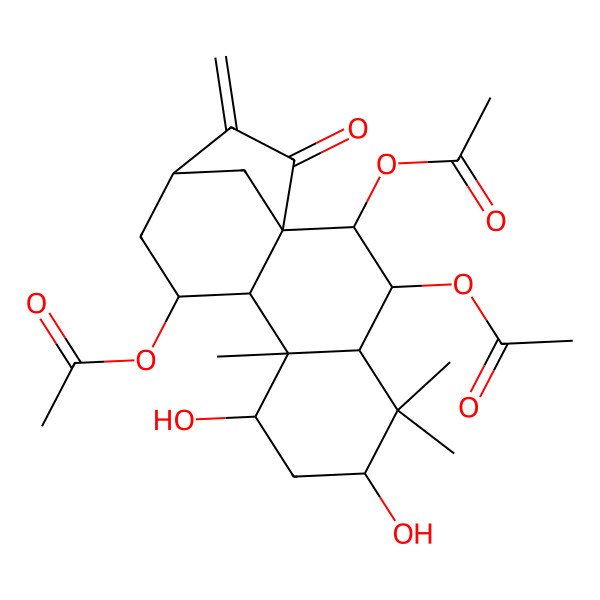 2D Structure of (2,3-Diacetyloxy-6,8-dihydroxy-5,5,9-trimethyl-14-methylidene-15-oxo-11-tetracyclo[11.2.1.01,10.04,9]hexadecanyl) acetate