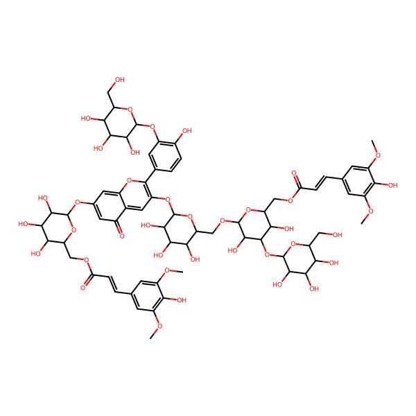 2D Structure of [6-[3-[6-[[3,5-Dihydroxy-6-[3-(4-hydroxy-3,5-dimethoxyphenyl)prop-2-enoyloxymethyl]-4-[3,4,5-trihydroxy-6-(hydroxymethyl)oxan-2-yl]oxyoxan-2-yl]oxymethyl]-3,4,5-trihydroxyoxan-2-yl]oxy-2-[4-hydroxy-3-[3,4,5-trihydroxy-6-(hydroxymethyl)oxan-2-yl]oxyphenyl]-5-oxochromen-7-yl]oxy-3,4,5-trihydroxyoxan-2-yl]methyl 3-(4-hydroxy-3,5-dimethoxyphenyl)prop-2-enoate