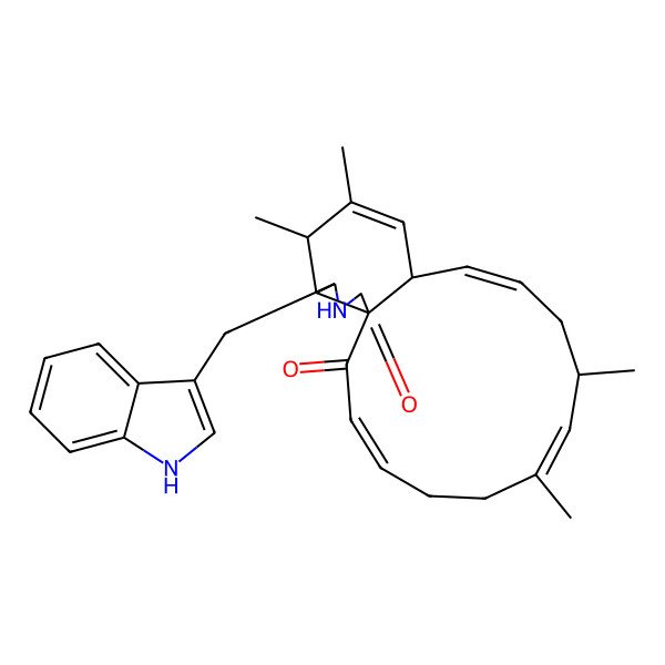 2D Structure of (1S,3E,7Z,9S,11E,13S,16S,17R,18S)-18-(1H-indol-3-ylmethyl)-7,9,15,16-tetramethyl-19-azatricyclo[11.7.0.01,17]icosa-3,7,11,14-tetraene-2,20-dione