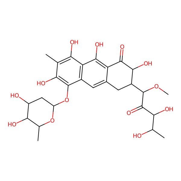 2D Structure of 3-(3,4-dihydroxy-1-methoxy-2-oxopentyl)-5-[(4S,5R,6S)-4,5-dihydroxy-6-methyloxan-2-yl]oxy-2,6,8,9-tetrahydroxy-7-methyl-3,4-dihydro-2H-anthracen-1-one