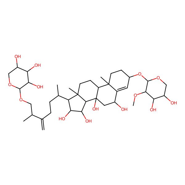 2D Structure of (3S,6R,8S,9R,10R,13R,14S,15R,16R,17R)-3-[(2S,3R,4S,5R)-4,5-dihydroxy-3-methoxyoxan-2-yl]oxy-10,13-dimethyl-17-[(2R,6S)-6-methyl-5-methylidene-7-[(2R,3R,4S,5R)-3,4,5-trihydroxyoxan-2-yl]oxyheptan-2-yl]-1,2,3,6,7,9,11,12,14,15,16,17-dodecahydrocyclopenta[a]phenanthrene-6,8,15,16-tetrol