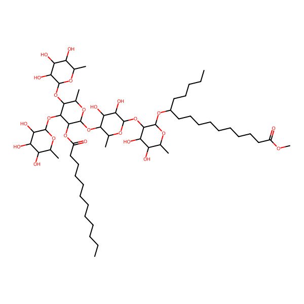 2D Structure of methyl (11S)-11-[(2R,3R,4S,5R,6R)-3-[(2S,3R,4R,5R,6S)-5-[(2S,3R,4R,5S,6S)-3-dodecanoyloxy-6-methyl-4,5-bis[[(2S,3R,4R,5R,6S)-3,4,5-trihydroxy-6-methyloxan-2-yl]oxy]oxan-2-yl]oxy-3,4-dihydroxy-6-methyloxan-2-yl]oxy-4,5-dihydroxy-6-methyloxan-2-yl]oxyhexadecanoate