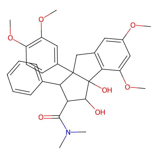 2D Structure of (1R,2R,3S,3aS,8bS)-3a-(3,4-dimethoxyphenyl)-1,8b-dihydroxy-6,8-dimethoxy-N,N-dimethyl-3-phenyl-1,2,3,4-tetrahydrocyclopenta[a]indene-2-carboxamide