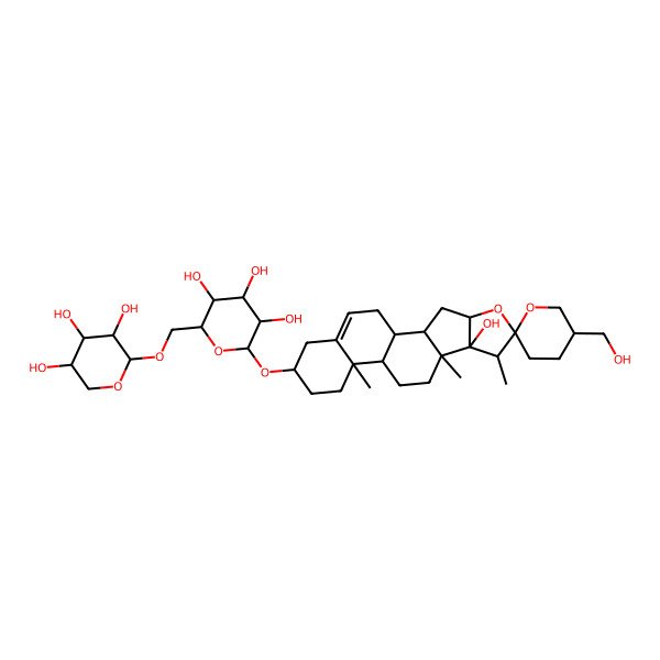 2D Structure of 2-[8-Hydroxy-5'-(hydroxymethyl)-7,9,13-trimethylspiro[5-oxapentacyclo[10.8.0.02,9.04,8.013,18]icos-18-ene-6,2'-oxane]-16-yl]oxy-6-[(3,4,5-trihydroxyoxan-2-yl)oxymethyl]oxane-3,4,5-triol