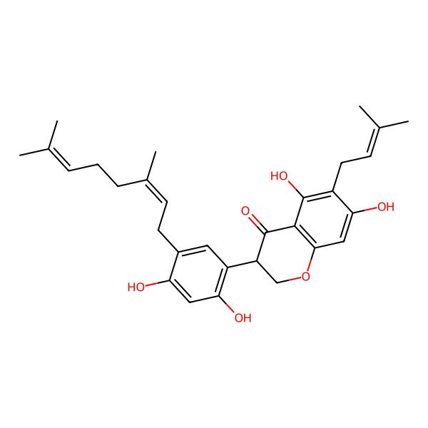 2D Structure of 3-[5-(3,7-Dimethylocta-2,6-dienyl)-2,4-dihydroxyphenyl]-5,7-dihydroxy-6-(3-methylbut-2-enyl)-2,3-dihydrochromen-4-one