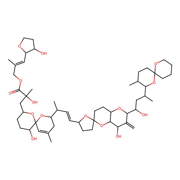 2D Structure of [3-(3-hydroxyoxolan-2-yl)-2-methylprop-2-enyl] 2-hydroxy-3-[11-hydroxy-2-[4-[4-hydroxy-2-[1-hydroxy-3-(3-methyl-1,7-dioxaspiro[5.5]undecan-2-yl)butyl]-3-methylidenespiro[4a,7,8,8a-tetrahydro-4H-pyrano[3,2-b]pyran-6,5'-oxolane]-2'-yl]but-3-en-2-yl]-4-methyl-1,7-dioxaspiro[5.5]undec-4-en-8-yl]-2-methylpropanoate