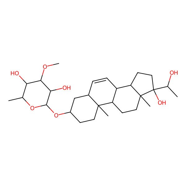 2D Structure of (2R,3R,4S,5S,6R)-2-[[(3S,5R,8R,9S,10S,13S,14S,17R)-17-hydroxy-17-[(1S)-1-hydroxyethyl]-10,13-dimethyl-1,2,3,4,5,8,9,11,12,14,15,16-dodecahydrocyclopenta[a]phenanthren-3-yl]oxy]-4-methoxy-6-methyloxane-3,5-diol