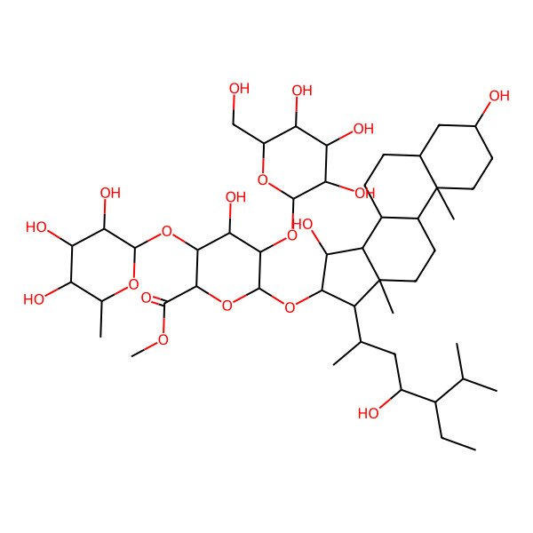 2D Structure of methyl (2S,3S,4S,5R,6R)-6-[[(3S,5S,8R,9S,10S,13S,14S,15S,16R,17R)-17-[(2R,4S,5R)-5-ethyl-4-hydroxy-6-methylheptan-2-yl]-3,15-dihydroxy-10,13-dimethyl-2,3,4,5,6,7,8,9,11,12,14,15,16,17-tetradecahydro-1H-cyclopenta[a]phenanthren-16-yl]oxy]-4-hydroxy-5-[(2S,3R,4S,5S,6R)-3,4,5-trihydroxy-6-(hydroxymethyl)oxan-2-yl]oxy-3-[(2S,3R,4R,5R,6S)-3,4,5-trihydroxy-6-methyloxan-2-yl]oxyoxane-2-carboxylate