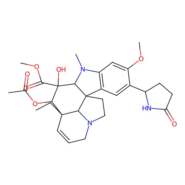 2D Structure of methyl (1R,9R,10S,11R,12R,19R)-11-acetyloxy-12-ethyl-10-hydroxy-5-methoxy-8-methyl-4-[(2S)-5-oxopyrrolidin-2-yl]-8,16-diazapentacyclo[10.6.1.01,9.02,7.016,19]nonadeca-2(7),3,5,13-tetraene-10-carboxylate