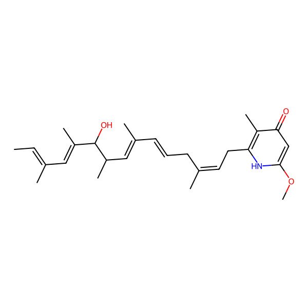 2D Structure of 2-[(2E,5E,7E,11E,13E)-10-hydroxy-3,7,9,11,13-pentamethylpentadeca-2,5,7,11,13-pentaenyl]-6-methoxy-3-methyl-1H-pyridin-4-one