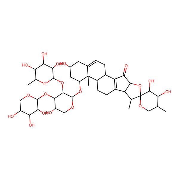 2D Structure of 3',4',16-Trihydroxy-14-[5-hydroxy-3-(3,4,5-trihydroxy-6-methyloxan-2-yl)oxy-4-(3,4,5-trihydroxyoxan-2-yl)oxyoxan-2-yl]oxy-5',7,13-trimethylspiro[5-oxapentacyclo[10.8.0.02,9.04,8.013,18]icosa-2(9),18-diene-6,2'-oxane]-3-one