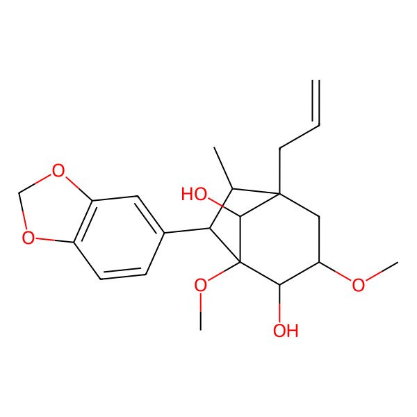 2D Structure of (1S,2S,3R,5S,6S,7R,8R)-7-(1,3-benzodioxol-5-yl)-1,3-dimethoxy-6-methyl-5-prop-2-enylbicyclo[3.2.1]octane-2,8-diol