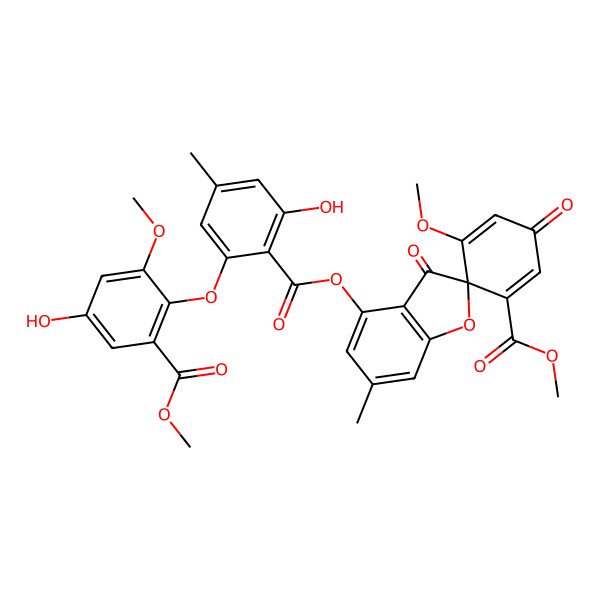 2D Structure of Methyl 4-[2-hydroxy-6-(4-hydroxy-2-methoxy-6-methoxycarbonylphenoxy)-4-methylbenzoyl]oxy-5'-methoxy-6-methyl-3,3'-dioxospiro[1-benzofuran-2,6'-cyclohexa-1,4-diene]-1'-carboxylate