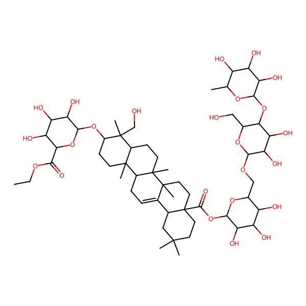 2D Structure of ethyl (2S,3S,4S,5R,6R)-6-[[(3S,4R,4aR,6aR,6bS,8aS,12aS,14aR,14bR)-8a-[(2R,3R,4S,5S,6R)-6-[[(2S,3R,4R,5S,6R)-3,4-dihydroxy-6-(hydroxymethyl)-5-[(2R,3R,4R,5R,6S)-3,4,5-trihydroxy-6-methyloxan-2-yl]oxyoxan-2-yl]oxymethyl]-3,4,5-trihydroxyoxan-2-yl]oxycarbonyl-4-(hydroxymethyl)-4,6a,6b,11,11,14b-hexamethyl-1,2,3,4a,5,6,7,8,9,10,12,12a,14,14a-tetradecahydropicen-3-yl]oxy]-3,4,5-trihydroxyoxane-2-carboxylate