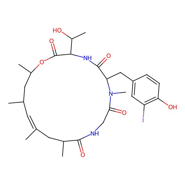 2D Structure of (3S,6R,12S,14E,16R,18S)-3-[(1R)-1-hydroxyethyl]-6-[(4-hydroxy-3-iodophenyl)methyl]-7,12,14,16,18-pentamethyl-1-oxa-4,7,10-triazacyclooctadec-14-ene-2,5,8,11-tetrone