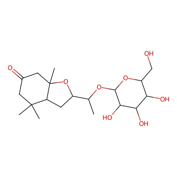 2D Structure of (2S,3aR,7aR)-4,4,7a-trimethyl-2-[(1S)-1-[(2R,3R,4S,5S,6R)-3,4,5-trihydroxy-6-(hydroxymethyl)oxan-2-yl]oxyethyl]-3,3a,5,7-tetrahydro-2H-1-benzofuran-6-one