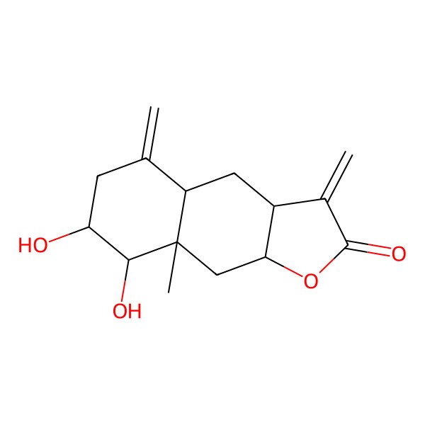 2D Structure of (3aR,4aS,7S,8S,8aR,9aR)-7,8-dihydroxy-8a-methyl-3,5-dimethylidene-3a,4,4a,6,7,8,9,9a-octahydrobenzo[f][1]benzofuran-2-one