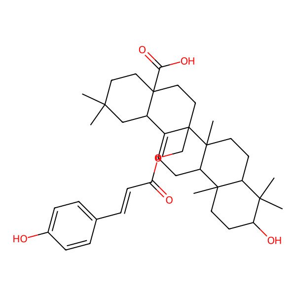 2D Structure of (4aS,6aR,6aS,6bR,8aR,10S,12aR,14bS)-10-hydroxy-6a-[[(E)-3-(4-hydroxyphenyl)prop-2-enoyl]oxymethyl]-2,2,6b,9,9,12a-hexamethyl-1,3,4,5,6,6a,7,8,8a,10,11,12,13,14b-tetradecahydropicene-4a-carboxylic acid