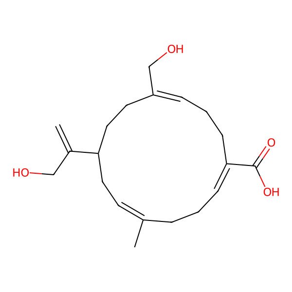 2D Structure of 11-(Hydroxymethyl)-8-(3-hydroxyprop-1-en-2-yl)-5-methylcyclotetradeca-1,5,11-triene-1-carboxylic acid