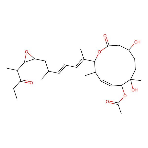 2D Structure of [7,10-Dihydroxy-3,7-dimethyl-2-[6-methyl-7-[3-(3-oxopentan-2-yl)oxiran-2-yl]hepta-2,4-dien-2-yl]-12-oxo-1-oxacyclododec-4-en-6-yl] acetate