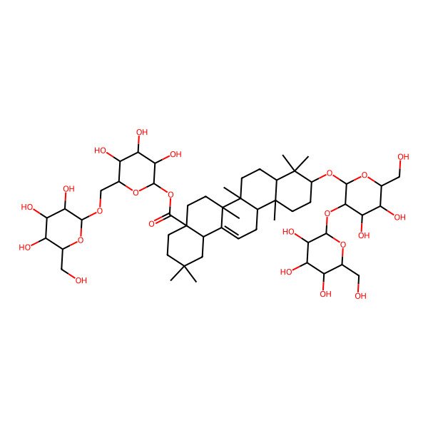 2D Structure of [(2S,3R,4S,5S,6R)-3,4,5-trihydroxy-6-[[(2S,3R,4S,5S,6R)-3,4,5-trihydroxy-6-(hydroxymethyl)oxan-2-yl]oxymethyl]oxan-2-yl] (4aS,6aR,6aR,6bR,8aR,10S,12aR,14bR)-10-[(2R,3R,4S,5S,6R)-4,5-dihydroxy-6-(hydroxymethyl)-3-[(2S,3R,4S,5S,6R)-3,4,5-trihydroxy-6-(hydroxymethyl)oxan-2-yl]oxyoxan-2-yl]oxy-2,2,6a,6b,9,9,12a-heptamethyl-1,3,4,5,6,6a,7,8,8a,10,11,12,13,14b-tetradecahydropicene-4a-carboxylate