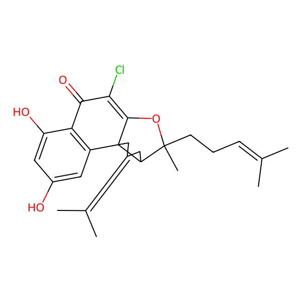 2D Structure of 9-Chloro-4,6-dihydroxy-12-methyl-12-(4-methylpent-3-enyl)-15-propan-2-ylidene-11-oxatetracyclo[8.6.0.01,13.02,7]hexadeca-2(7),3,5,9-tetraen-8-one
