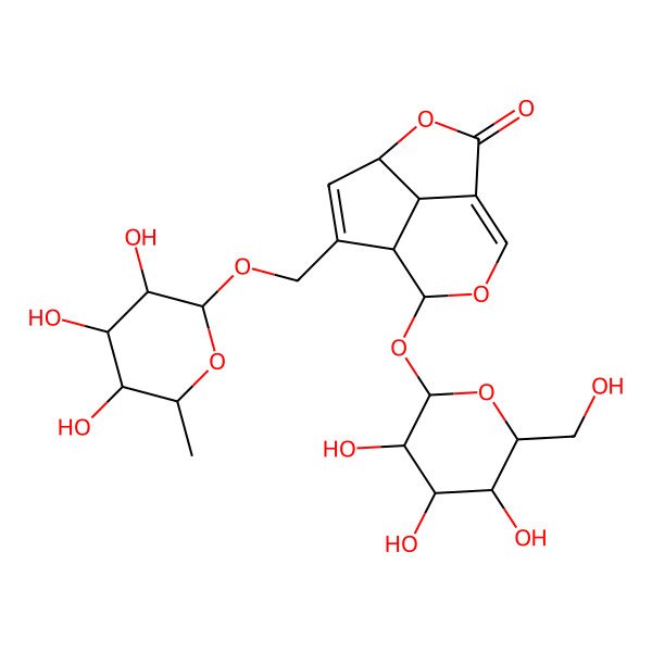 2D Structure of (4R,7S,8S,11S)-8-[(2S,3R,4S,5S,6R)-3,4,5-trihydroxy-6-(hydroxymethyl)oxan-2-yl]oxy-6-[[(2R,3R,4R,5R,6S)-3,4,5-trihydroxy-6-methyloxan-2-yl]oxymethyl]-3,9-dioxatricyclo[5.3.1.04,11]undeca-1(10),5-dien-2-one