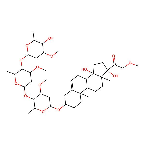 2D Structure of 1-[14,17-dihydroxy-3-[5-[5-(5-hydroxy-4-methoxy-6-methyloxan-2-yl)oxy-4-methoxy-6-methyloxan-2-yl]oxy-4-methoxy-6-methyloxan-2-yl]oxy-10,13-dimethyl-2,3,4,7,8,9,11,12,15,16-decahydro-1H-cyclopenta[a]phenanthren-17-yl]-2-methoxyethanone