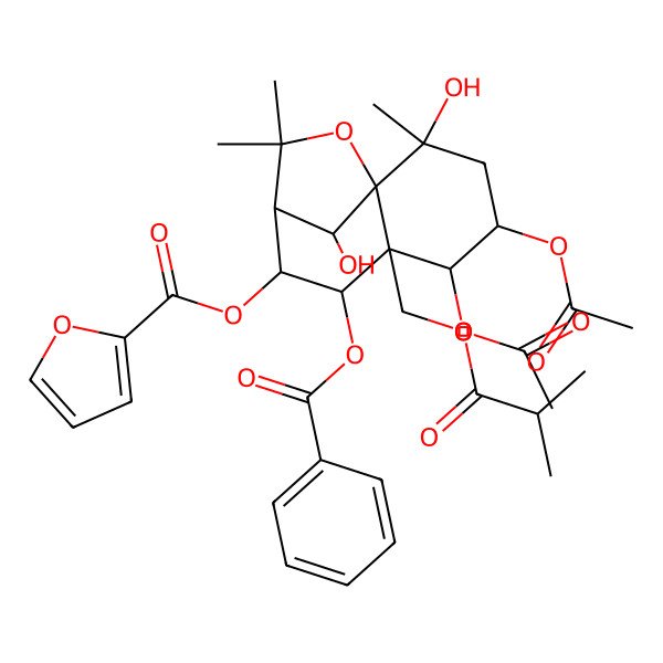 2D Structure of [4,5-Diacetyloxy-7-benzoyloxy-2,12-dihydroxy-2,10,10-trimethyl-6-(2-methylpropanoyloxymethyl)-11-oxatricyclo[7.2.1.01,6]dodecan-8-yl] furan-2-carboxylate