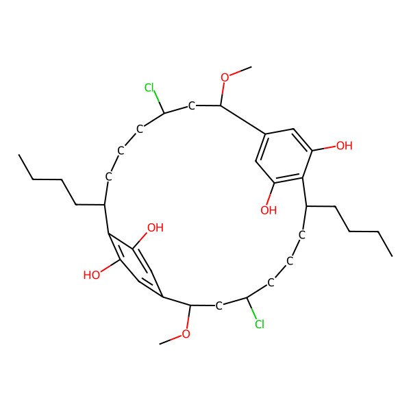 2D Structure of 8,19-Dibutyl-4,15-dichloro-2,13-dimethoxytricyclo[18.2.2.29,12]hexacosa-1(22),9,11,20,23,25-hexaene-10,21,24,26-tetrol