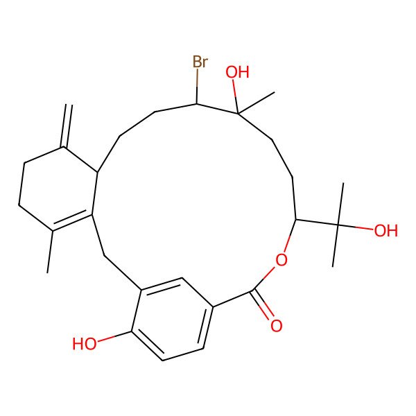 2D Structure of (8S,11R,12S,15S)-11-bromo-12,21-dihydroxy-15-(2-hydroxypropan-2-yl)-4,12-dimethyl-7-methylidene-16-oxatricyclo[16.3.1.03,8]docosa-1(21),3,18(22),19-tetraen-17-one