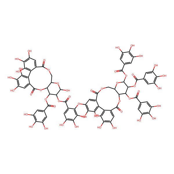 2D Structure of [(10R,11S,12R,13R,15R)-3,4,5,13,21,22,23-heptahydroxy-8,18-dioxo-11-(3,4,5-trihydroxybenzoyl)oxy-9,14,17-trioxatetracyclo[17.4.0.02,7.010,15]tricosa-1(23),2,4,6,19,21-hexaen-12-yl] 3,4,5-trihydroxy-2-[[(10R,11S,12R,13R,15R)-3,4,5,22,23-pentahydroxy-8,18-dioxo-11,12,13-tris[(3,4,5-trihydroxybenzoyl)oxy]-9,14,17-trioxatetracyclo[17.4.0.02,7.010,15]tricosa-1(23),2,4,6,19,21-hexaen-21-yl]oxy]benzoate