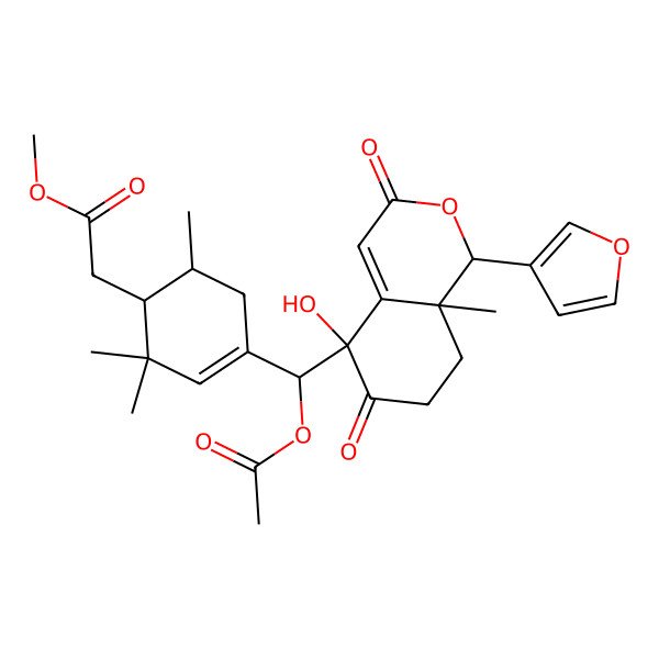 2D Structure of methyl 2-[(1S,6R)-4-[(R)-acetyloxy-[(1R,5R,8aR)-1-(furan-3-yl)-5-hydroxy-8a-methyl-3,6-dioxo-7,8-dihydro-1H-isochromen-5-yl]methyl]-2,2,6-trimethylcyclohex-3-en-1-yl]acetate
