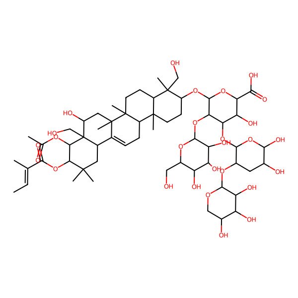 2D Structure of 6-[[9-Acetyloxy-8-hydroxy-4,8a-bis(hydroxymethyl)-4,6a,6b,11,11,14b-hexamethyl-10-(2-methylbut-2-enoyloxy)-1,2,3,4a,5,6,7,8,9,10,12,12a,14,14a-tetradecahydropicen-3-yl]oxy]-4-[5,6-dihydroxy-3-(3,4,5-trihydroxyoxan-2-yl)oxyoxan-2-yl]oxy-3-hydroxy-5-[3,4,5-trihydroxy-6-(hydroxymethyl)oxan-2-yl]oxyoxane-2-carboxylic acid