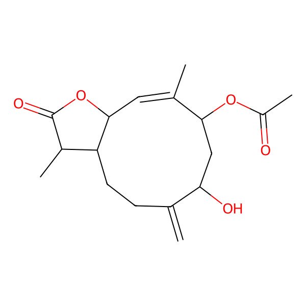2D Structure of (7-Hydroxy-3,10-dimethyl-6-methylidene-2-oxo-3,3a,4,5,7,8,9,11a-octahydrocyclodeca[b]furan-9-yl) acetate