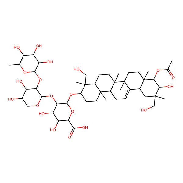 2D Structure of 6-[[9-Acetyloxy-10-hydroxy-4,11-bis(hydroxymethyl)-4,6a,6b,8a,11,14b-hexamethyl-1,2,3,4a,5,6,7,8,9,10,12,12a,14,14a-tetradecahydropicen-3-yl]oxy]-5-[4,5-dihydroxy-3-(3,4,5-trihydroxy-6-methyloxan-2-yl)oxyoxan-2-yl]oxy-3,4-dihydroxyoxane-2-carboxylic acid
