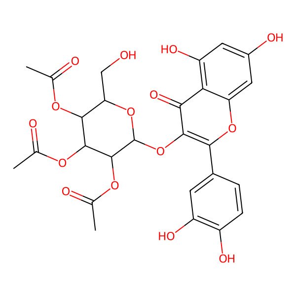 2D Structure of [(2R,3S,4S,5R,6S)-4,5-diacetyloxy-6-[2-(3,4-dihydroxyphenyl)-5,7-dihydroxy-4-oxochromen-3-yl]oxy-2-(hydroxymethyl)oxan-3-yl] acetate