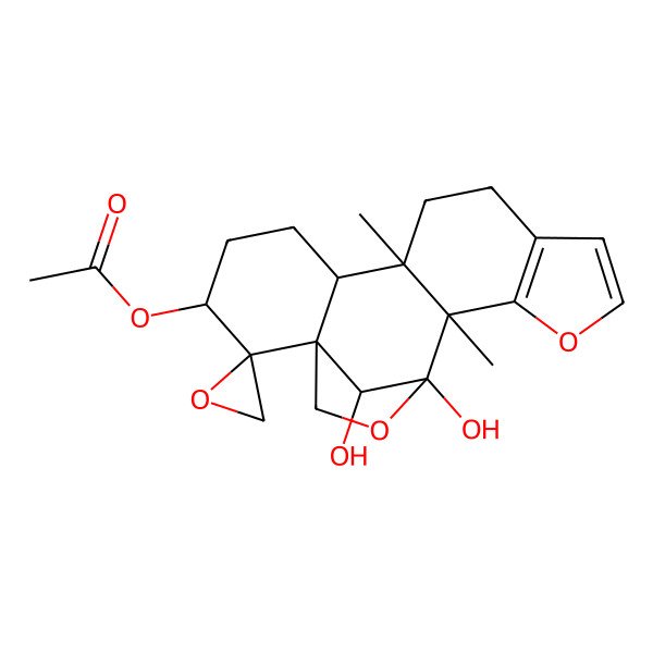 2D Structure of [(1R,2R,3R,6R,7R,15S,16S,19S)-16,19-dihydroxy-7,15-dimethylspiro[13,17-dioxapentacyclo[14.2.1.01,6.07,15.010,14]nonadeca-10(14),11-diene-2,2'-oxirane]-3-yl] acetate