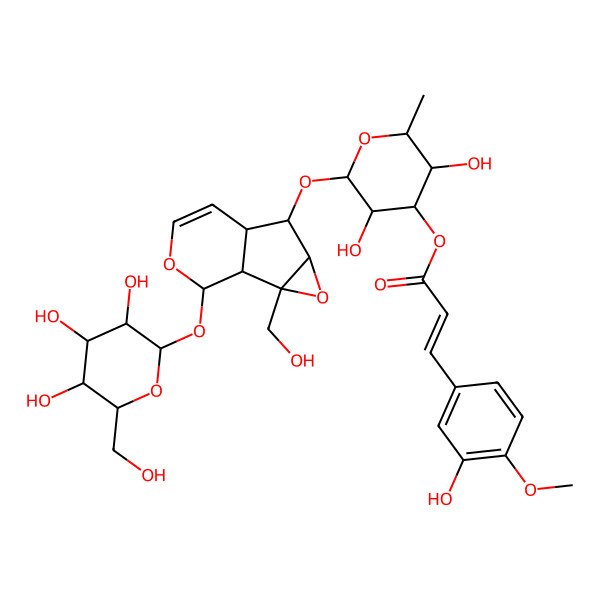 2D Structure of [(2S,3R,4R,5S,6S)-3,5-dihydroxy-2-[[(1S,2S,4S,5S,6R,10S)-2-(hydroxymethyl)-10-[(2S,3R,4S,5S,6R)-3,4,5-trihydroxy-6-(hydroxymethyl)oxan-2-yl]oxy-3,9-dioxatricyclo[4.4.0.02,4]dec-7-en-5-yl]oxy]-6-methyloxan-4-yl] (E)-3-(3-hydroxy-4-methoxyphenyl)prop-2-enoate