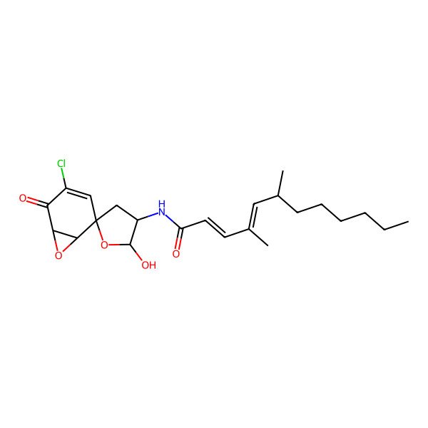 2D Structure of (2E,4E)-N-[(1S,2S,2'R,3'S,6S)-4-chloro-2'-hydroxy-5-oxospiro[7-oxabicyclo[4.1.0]hept-3-ene-2,5'-oxolane]-3'-yl]-4,6-dimethyldodeca-2,4-dienamide