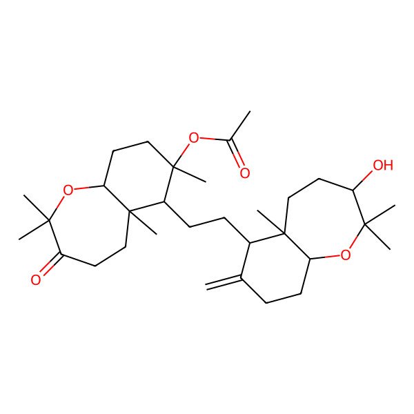 2D Structure of [(5aS,6S,7R,9aS)-6-[2-[(3S,5aS,6R,9aS)-3-hydroxy-2,2,5a-trimethyl-7-methylidene-4,5,6,8,9,9a-hexahydro-3H-benzo[b]oxepin-6-yl]ethyl]-2,2,5a,7-tetramethyl-3-oxo-4,5,6,8,9,9a-hexahydrobenzo[b]oxepin-7-yl] acetate