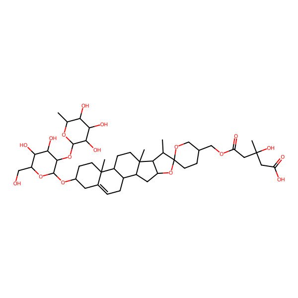 2D Structure of (3S)-5-[[(1S,2S,3'R,4S,6R,7S,8R,9S,12R,13R,16S)-16-[(2R,3R,4S,5S,6R)-4,5-dihydroxy-6-(hydroxymethyl)-3-[(2S,3R,4R,5R,6S)-3,4,5-trihydroxy-6-methyloxan-2-yl]oxyoxan-2-yl]oxy-7,9,13-trimethylspiro[5-oxapentacyclo[10.8.0.02,9.04,8.013,18]icos-18-ene-6,6'-oxane]-3'-yl]methoxy]-3-hydroxy-3-methyl-5-oxopentanoic acid