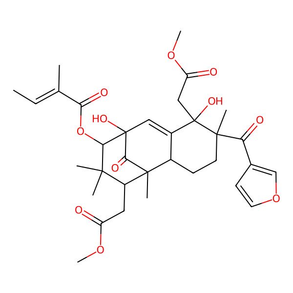 2D Structure of [(1S,2S,5R,6R,9R,10S,12S)-5-(furan-3-carbonyl)-6,9-dihydroxy-6,12-bis(2-methoxy-2-oxoethyl)-1,5,11,11-tetramethyl-13-oxo-10-tricyclo[7.3.1.02,7]tridec-7-enyl] (E)-2-methylbut-2-enoate