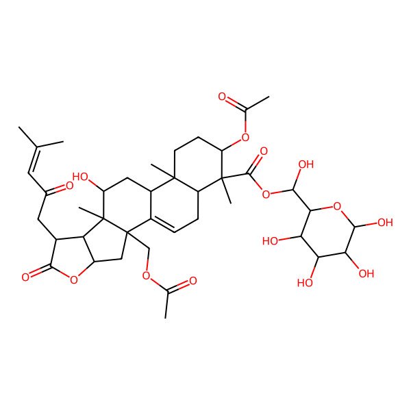 2D Structure of [hydroxy-(3,4,5,6-tetrahydroxyoxan-2-yl)methyl] (2S,4S,8S,9S,10S,12R,13R,16R,17S,18R)-16-acetyloxy-2-(acetyloxymethyl)-10-hydroxy-9,13,17-trimethyl-7-(4-methyl-2-oxopent-3-enyl)-6-oxo-5-oxapentacyclo[10.8.0.02,9.04,8.013,18]icos-1(20)-ene-17-carboxylate